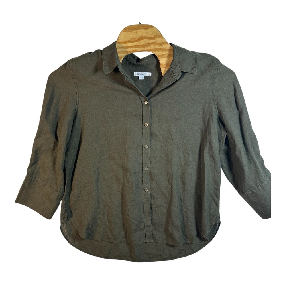 Chico's 100% Linen Button Blouse Size 3 / US‎ 16 No Iron Khaki Olive 3/4 Sleeve
